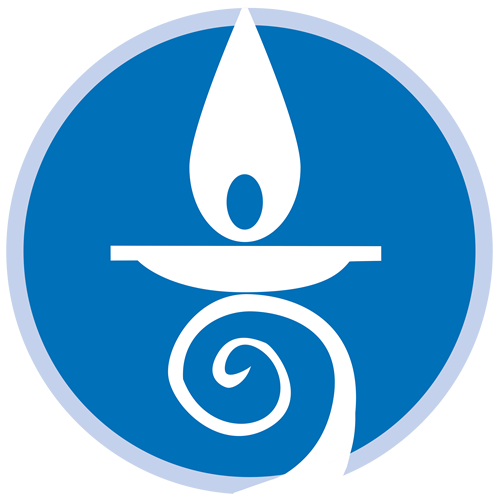 Flaming chalice on a spiral base set against a blue circular background.