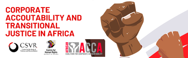 This is a reminder to a webinar on accountability and transitional justice in Africa. There are four logos, CSVR, Centre for Human Rights, University of Pretoria and African Coalition for Cooperate Accountability