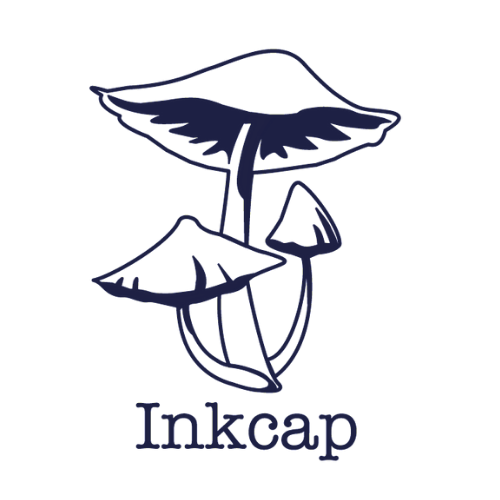 Inkcap logo - three blue mushrooms