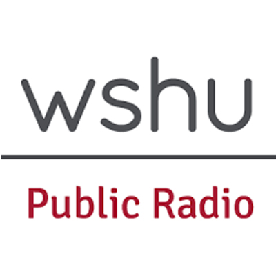 Text Logo with WSHU in gray text, a gray line, and then below Public Radio in burgundy text