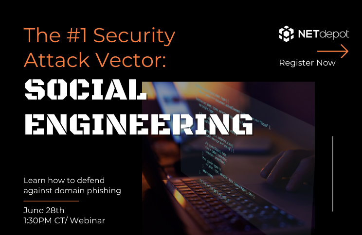  The #1 Attack Vector: Social Engineering - Learn How to Defend Against Domain Phishing. Join us June 28th at 1:30pm Central Time. Black background with title of webinar in large block letters. Photo of hacker in a dim room typing on a keyboard.