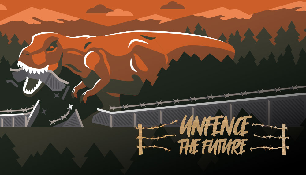 T-Rex eating a fence in forest and mountain landscape