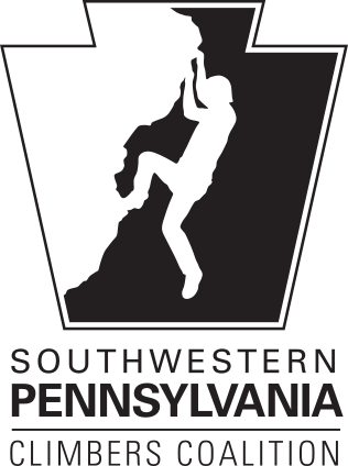 logo of the southwestern pennsylvania climber's coalition, showing a rock climber on a rock face with the pennsylvania keystone symbol