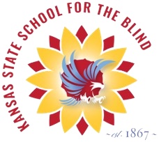 Logo for the Kansas State School for the Blind, a flying blue eagle in the middle of a red and yellow sunflower.