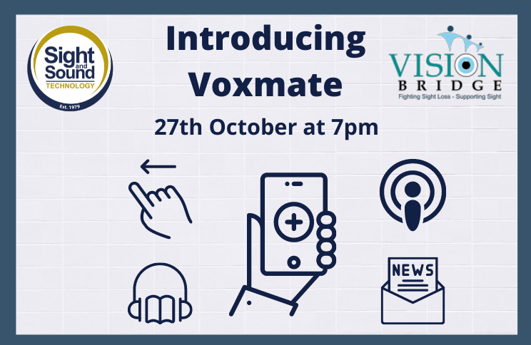 The main image is a series of icons. The main icon is a hand holding a smartphone. It is surrounded by other icons of a hand making a swiping motion, an audiobook, a news icon and a podcast icon. Main text: Introducing Voxmate. Subtext: 27th October at 7pm