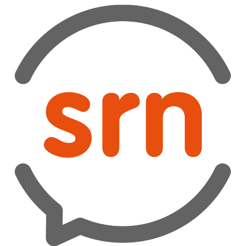 The srn logo consisting of lower case orange font letters, srn inside grey speech balloon
